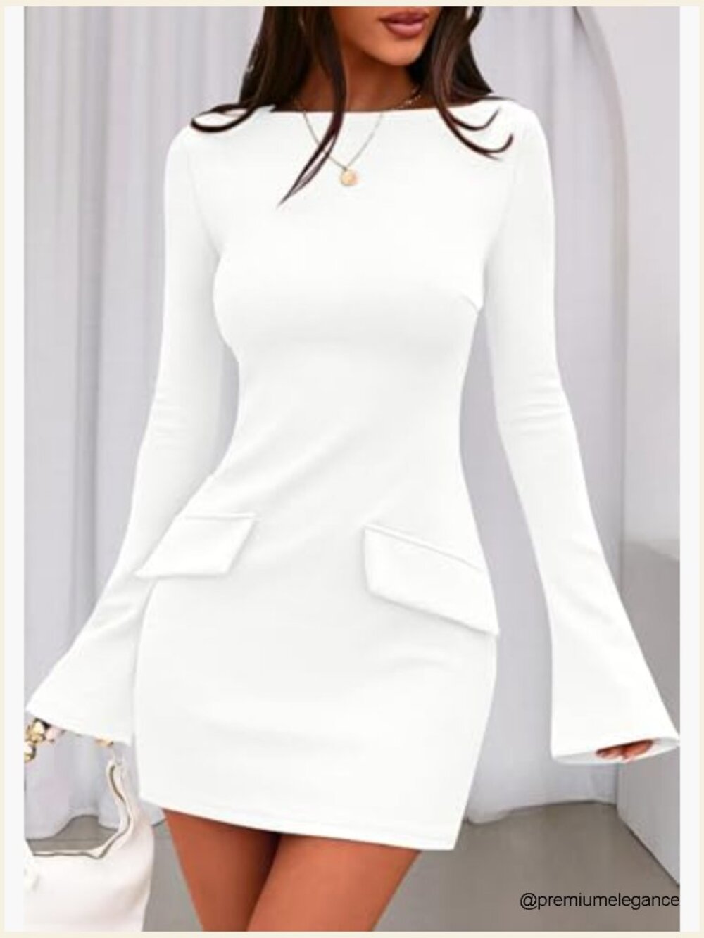 Long Sleeve Bodycon Mini Dress Boat Neck Knit Elegant Party Formal - Picture 6 of 7